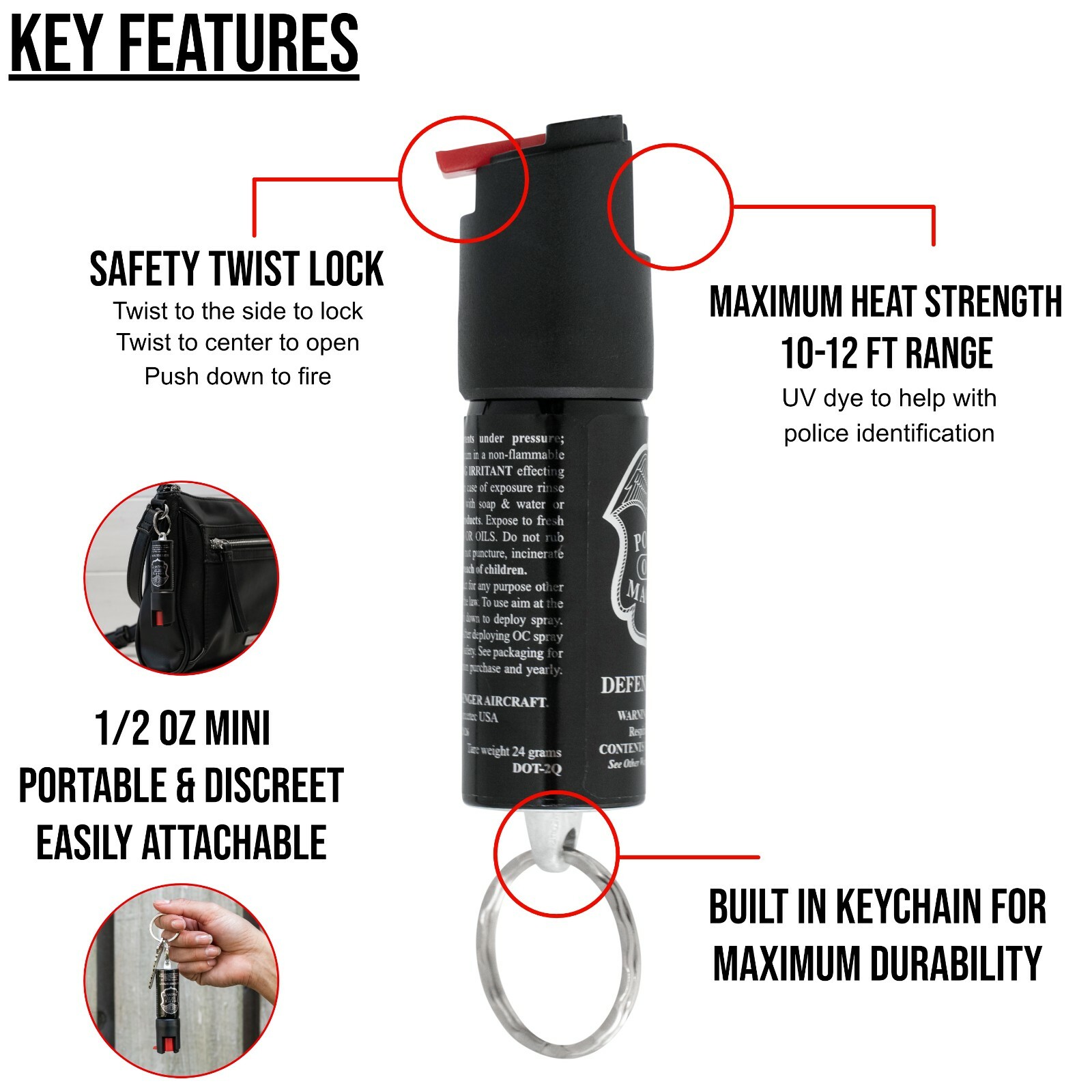 2 Police Magnum pepper spray .50oz keyring keychain defense security protection