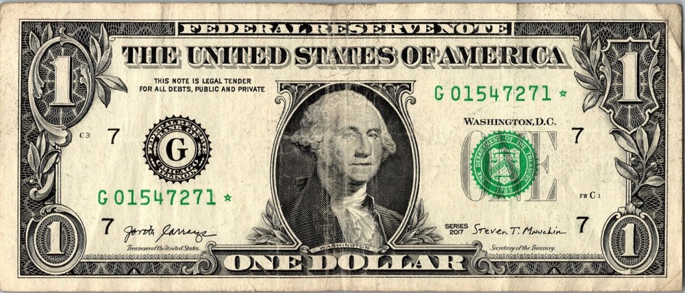 2017 G Star note Fancy Serial Number Regular Run One Dollar Bill