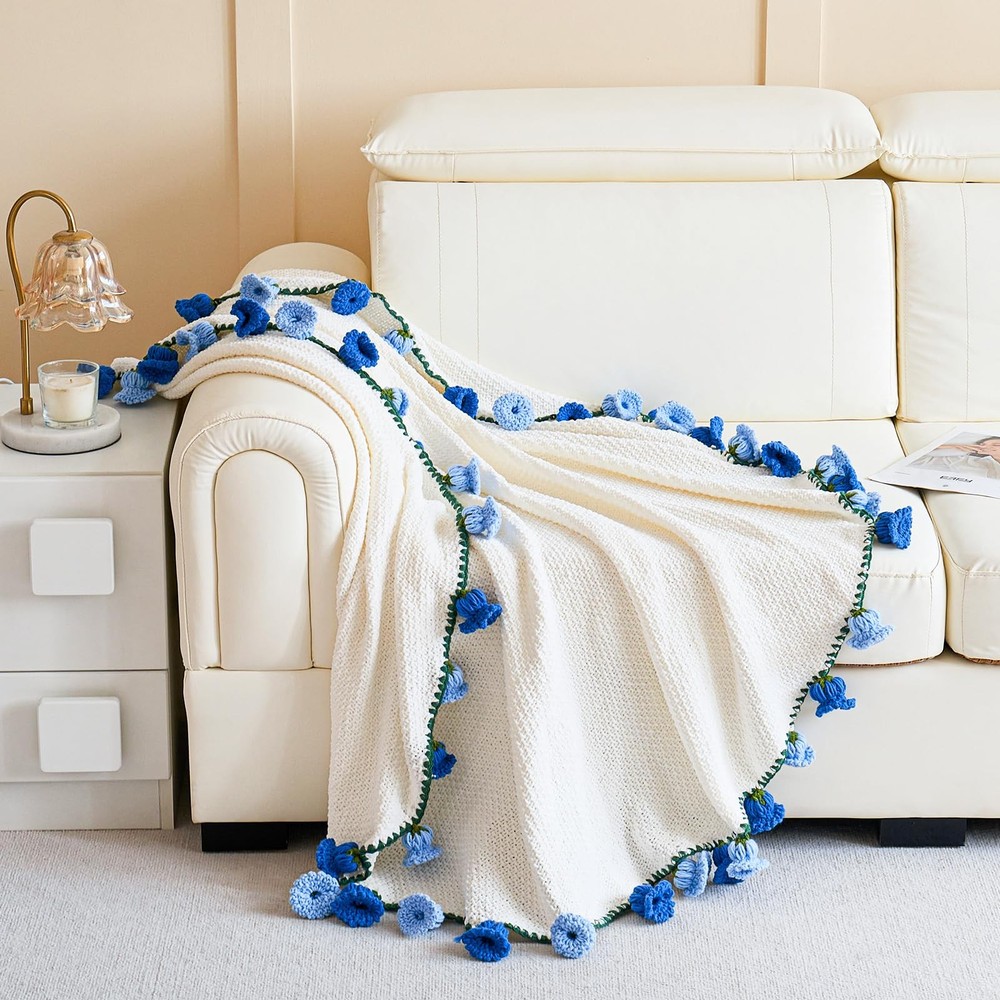 Crochet Flower Throw Blanket 60 Inch Handmade