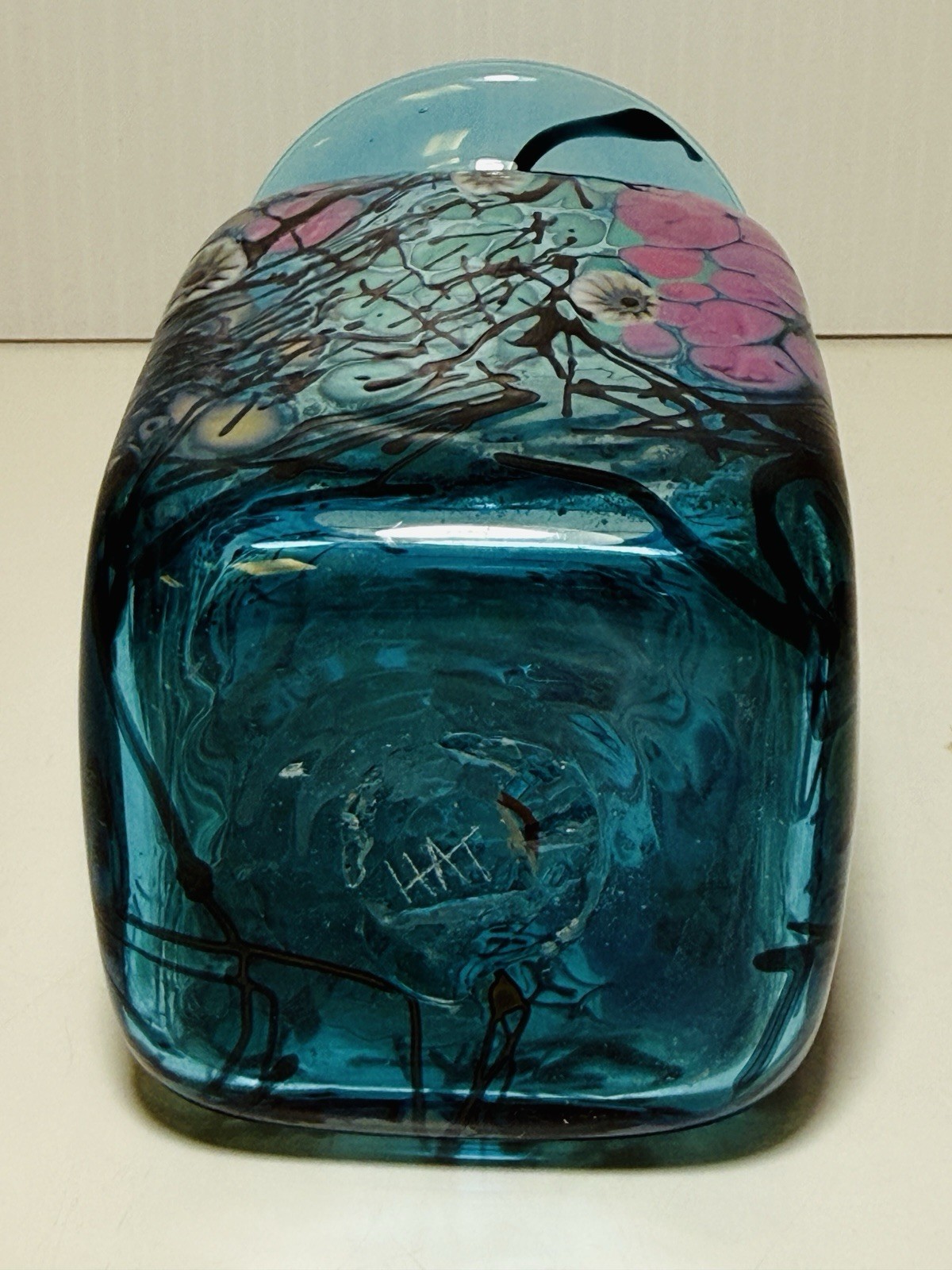 Herb A. Thomas Art Glass Hand Blown Blue Millefiori Floral Vase Signed HAT 4.5”