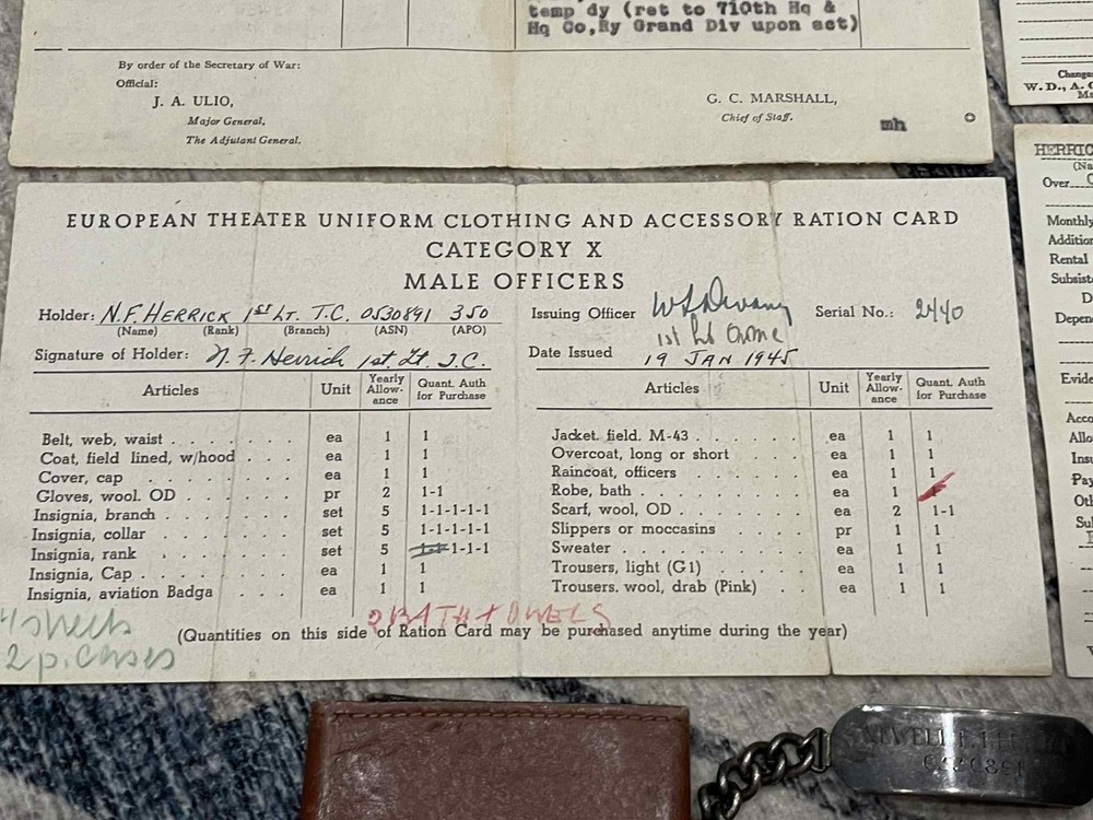 WW2 WWII US Army Grouping Documents & Sterling Silver ID Bracelet Newell Herrick