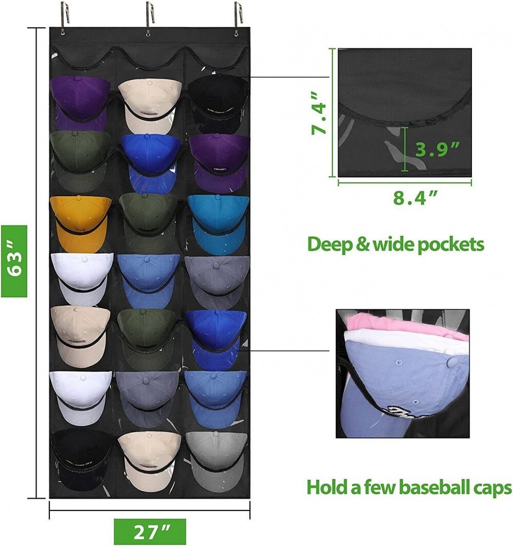 48Hat Rack Organizer Baseball Holder Deep Storage Pockets Door Wall Caps Stand