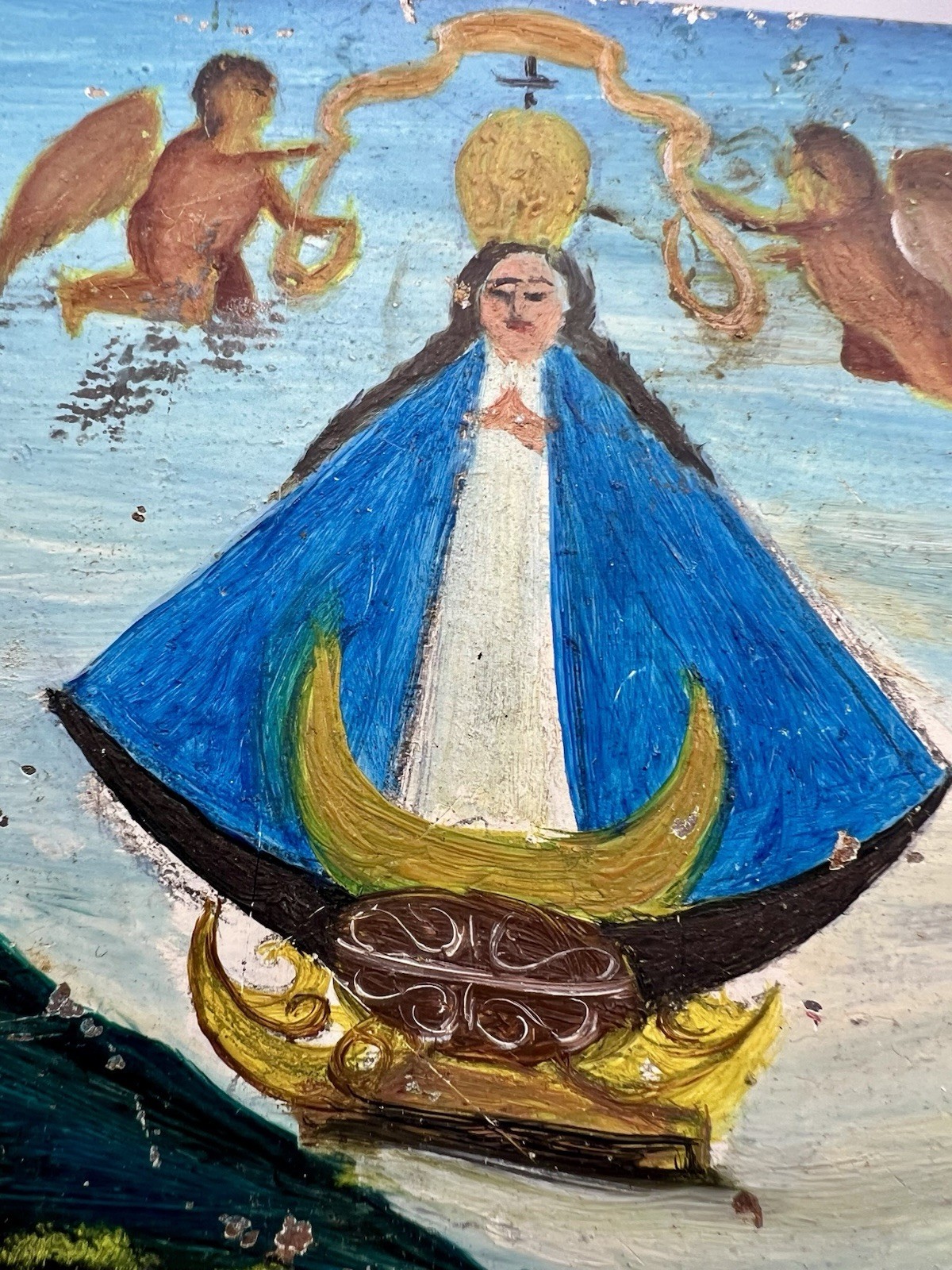 1966 Mexican Ex Voto Painting on Tin Retablo Folk Art 6 1/4 X 10 3:4”