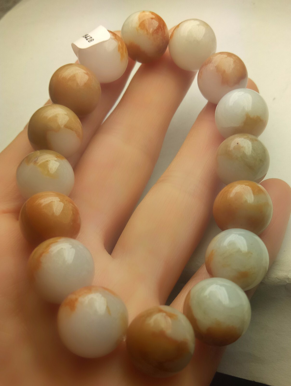 Certified Orange Brown White Natural A Jade Jadeite 12mm Bead Stretchy Bracelet