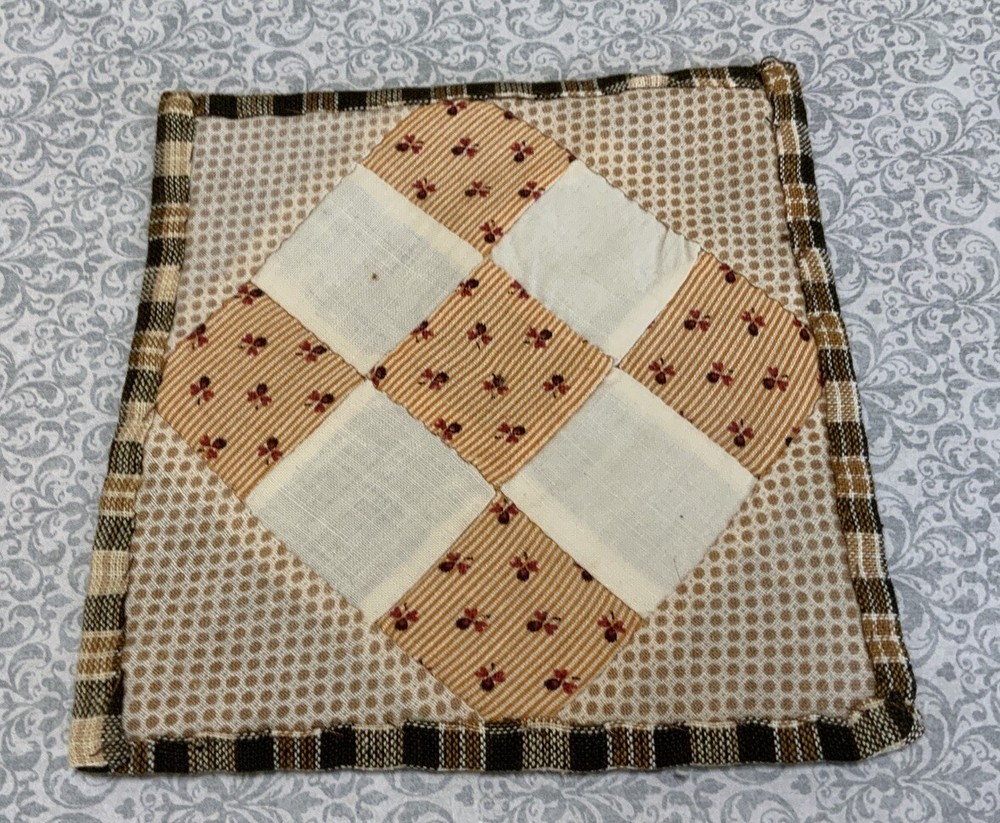 Antique Patchwork Quilt Table Topper, Mini, Nine Patch, Early Calico Prints