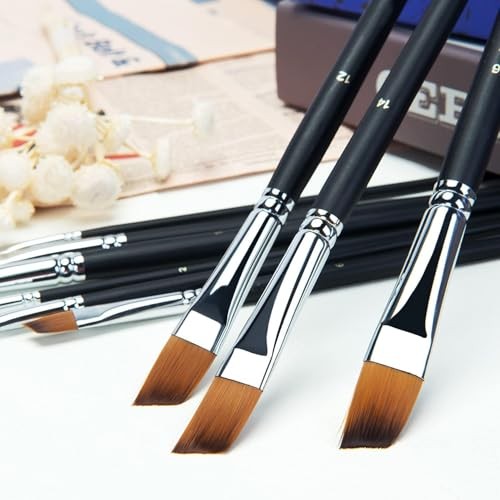 Angular Paint Brush, 9PC Oblique Tip Nylon Hair Long Handle - Angled Paint