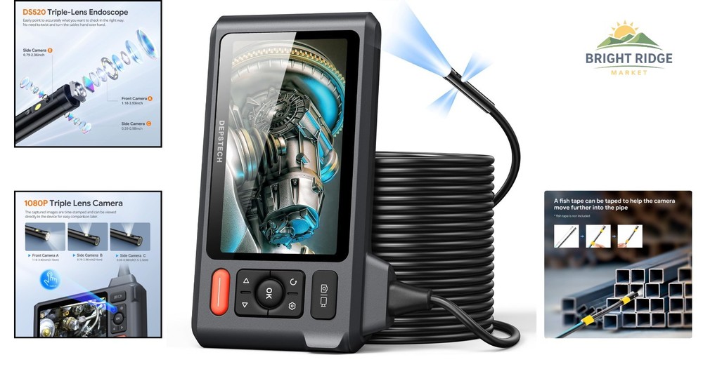50FT Waterproof Borescope Camera with Split Screen & Manual Exposure Control