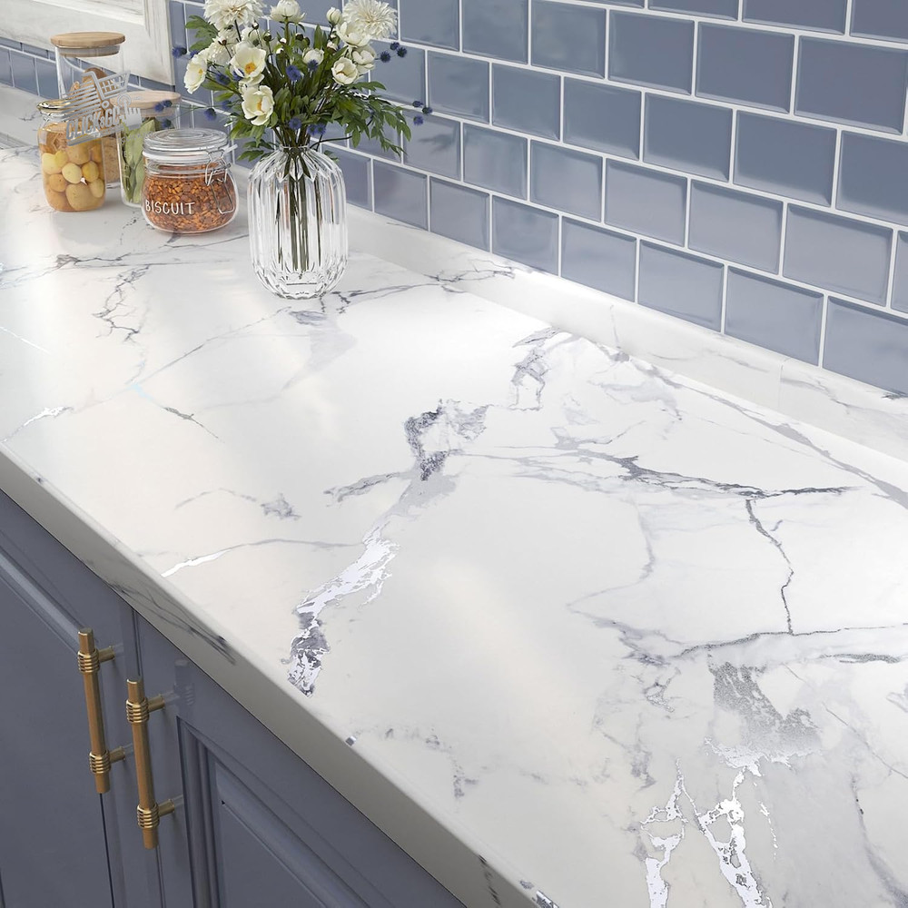 White Silver Marble Effect Self Adhesive Wallpaper L Top Coating