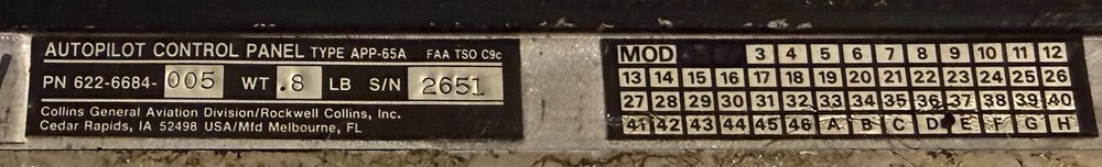Autopilot Control Panel APP65A 622-6684-005 Removed Working