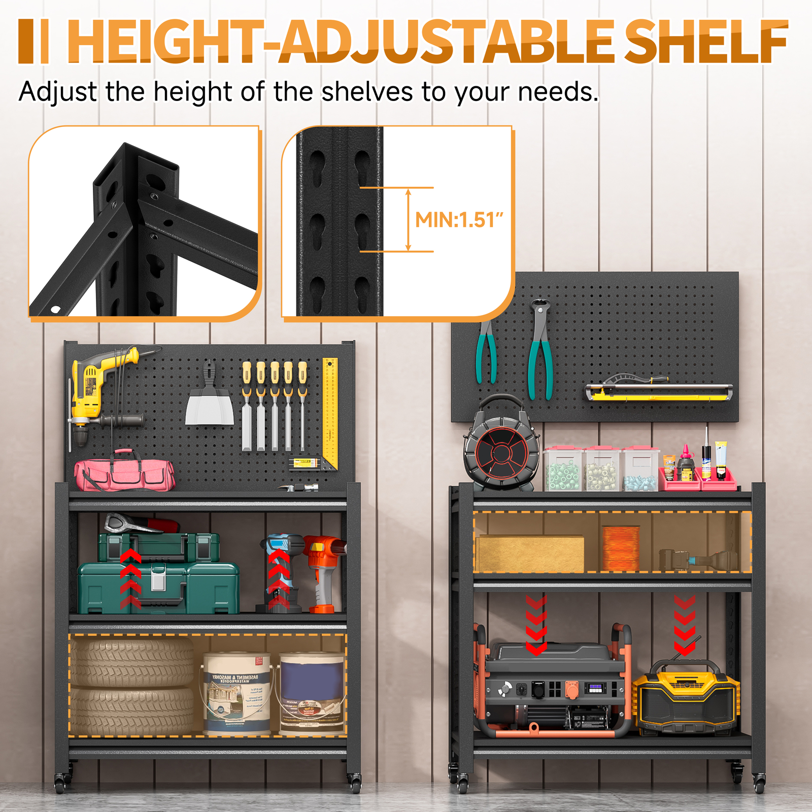 Metal Adjustable Workbench w/ Pegboard Rolling Garage Tool Storage Shelving Rack