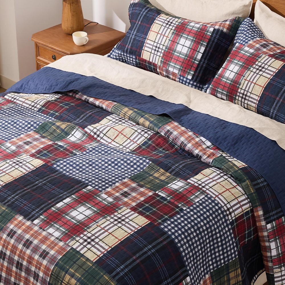 PPOLCA Patchwork Queen Quilt Bedding Set, Plaid Lightweight Queen, Dark Blue
