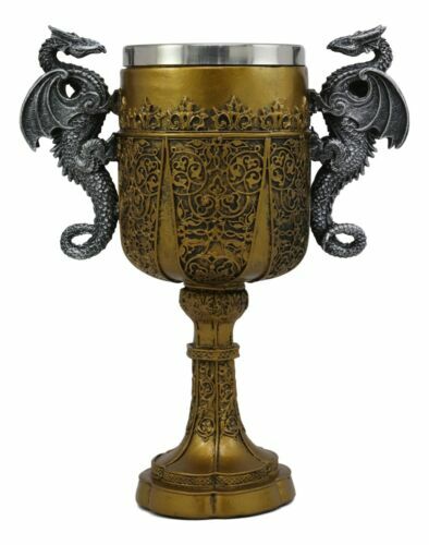 King Arthur Holy Grail The Golden Cup Of Life Dual Dragons Wine Goblet Chalice