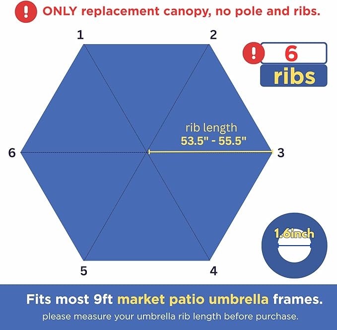 9ft Patio Umbrella Replacement Canopy top cover 6 ribs Waterproof UV