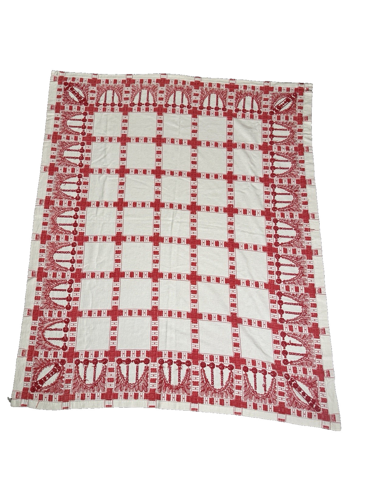 Beautiful Red & White Nouveau Pattern Woven Tablecloth 65X54 EUC French Country