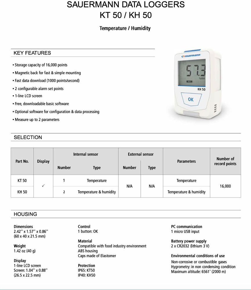 Sauermann KT 50 HVAC Mini Temperature Data Logger with Micro-USB Connection