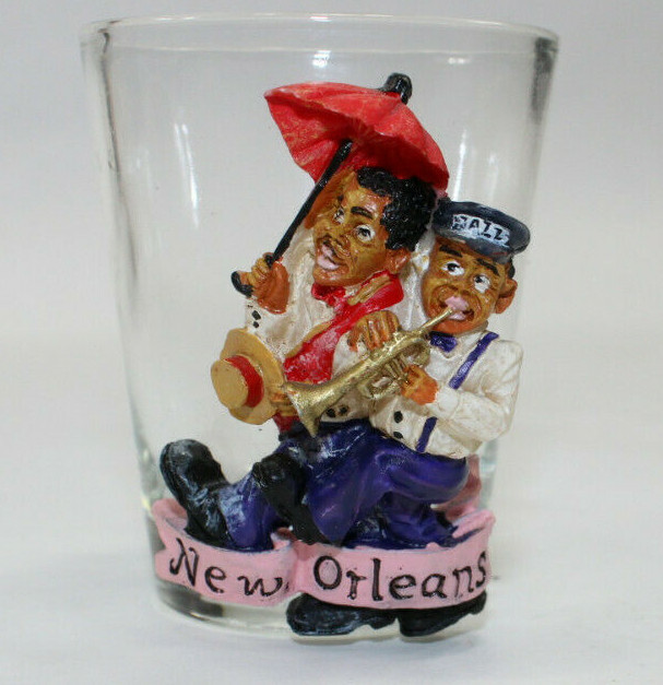 New Orleans JAZZ Players Band 3D resin Shot Glass Red Umbrella Trumpet Vintage