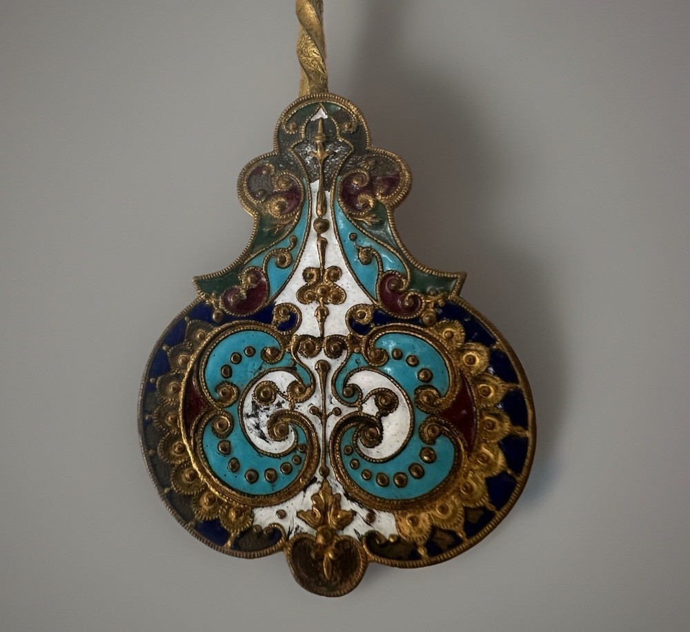French Champleve Enameled 3 Piece Spoon Set