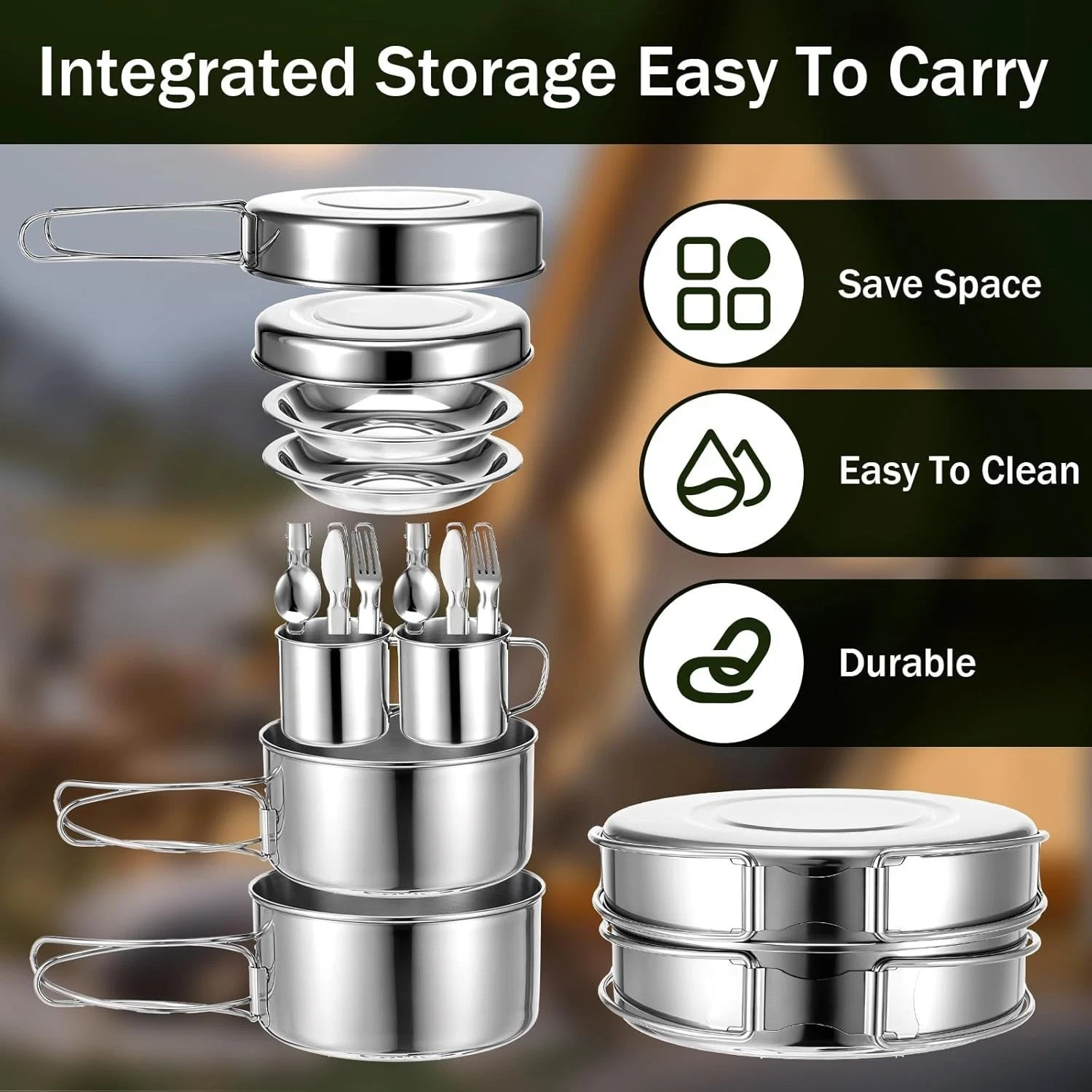 14Pcs Stainless Steel Camping Cookware Set Lightweight Compact Camping Pots Pan