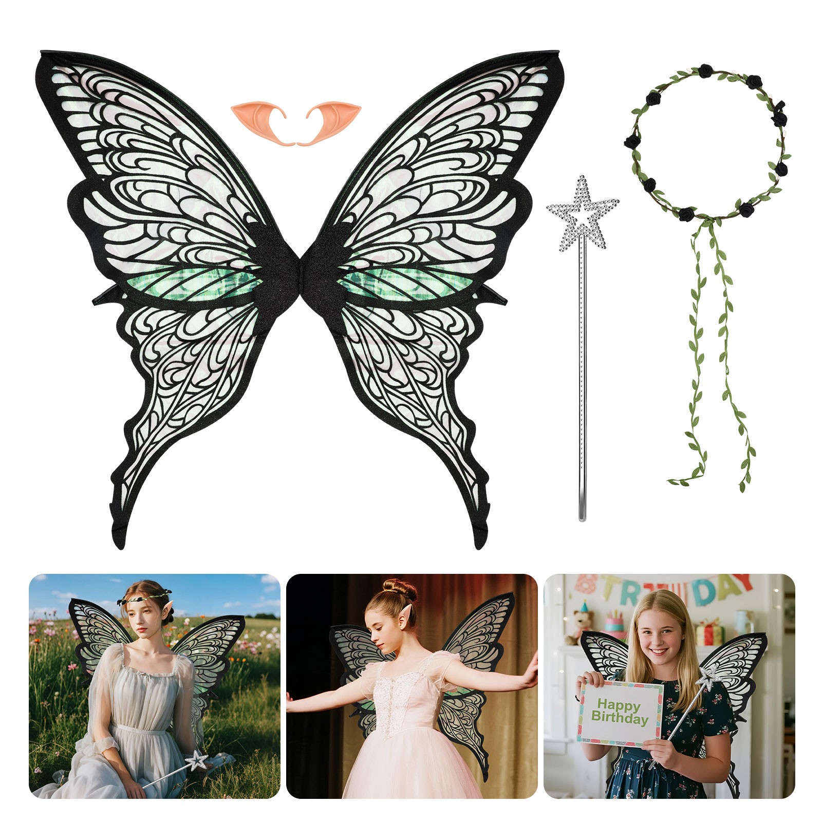 Adult Butterfly Fairy Wings Set Cosplay Costume W/ Wand & Elf Ears for Halloween