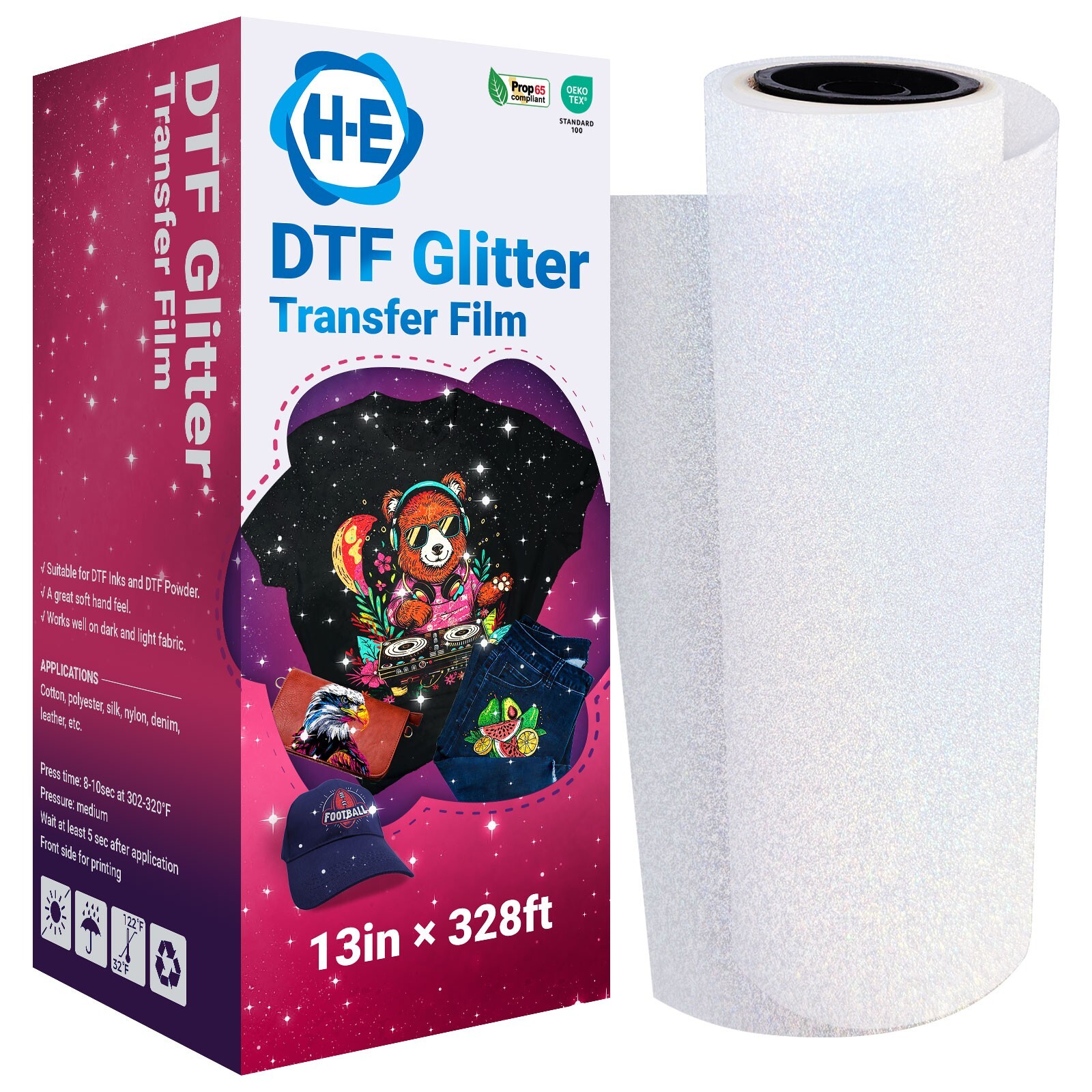 13" x 328ft DTF Glitter Transfer Film Roll Cold Peel for Dark Light Fabric USA