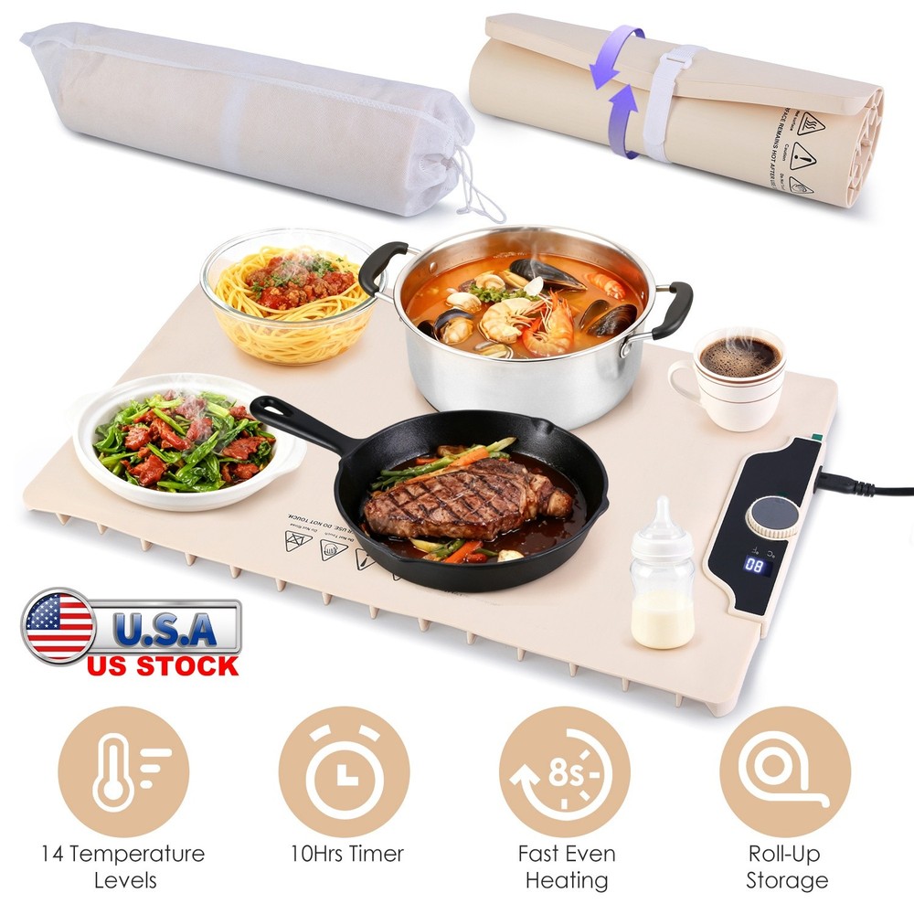 Electric Food Warming Tray Adjustable Temperature Timer Heating Rollable Mat