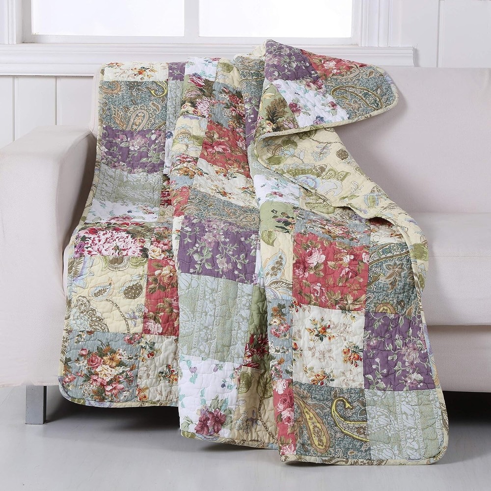 Full Size Cotton Floral Throw Blanket - Quilted Patchwork Design for Home Decor