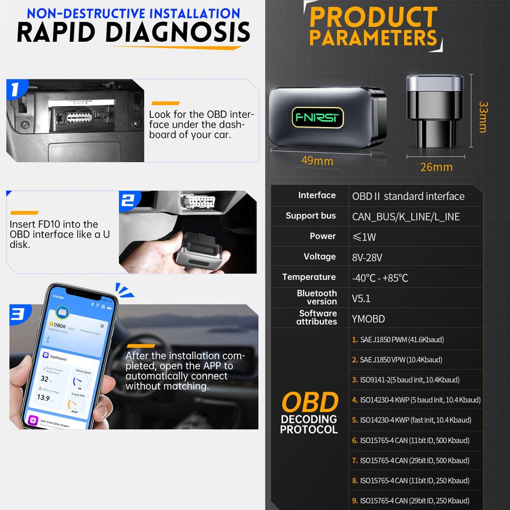 FNIRSI FD10 Car OBD2 Scanner Code Car Check Engine Fault Diagnostic Device Tool