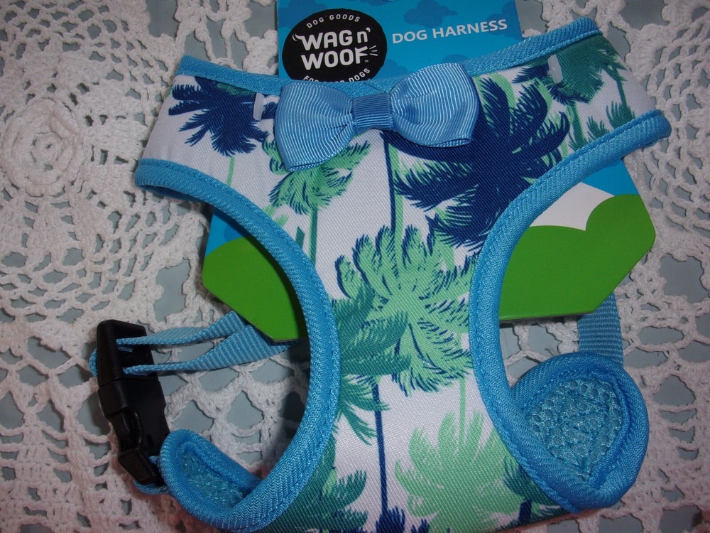 blue PALM TREE Bow T-STRAP Dog Harness S Small