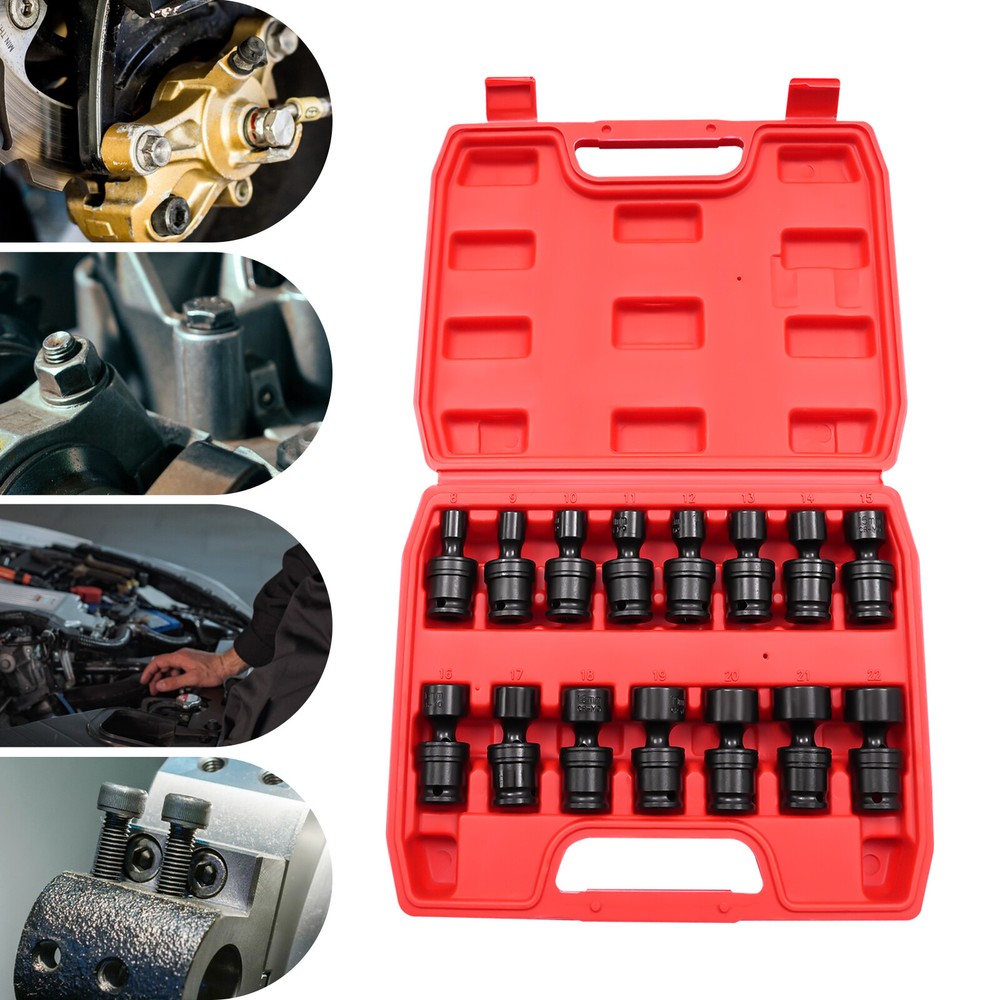 3/8" Drive Shallow Impact Universal Joint Socket Set, 15-Piece Swivel Socket Set