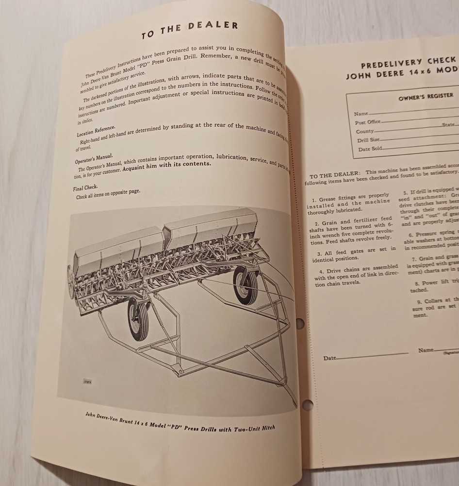 Instructions For John Deere Van Brunt Press Grain Drill 14x6 Model PD Booklet