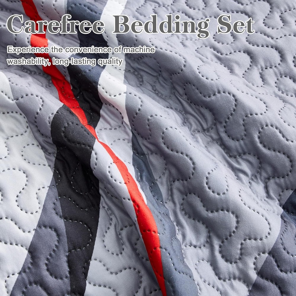 Classic Line Pattern Bedding Quilt King Size Modern Grey Red & Black Stripe