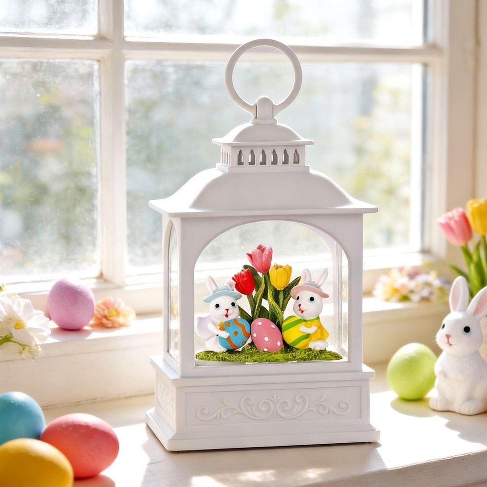 Easter Bunny Snow Globe, Easter Eggs Spring Snow Globe 6H Timer Glitter Lante...