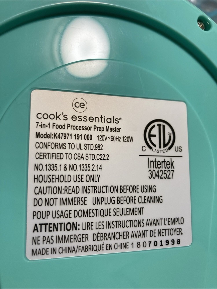 Cooks Essentials 7-1 Food Processor Model K47971 replacement Motor Base & Manual