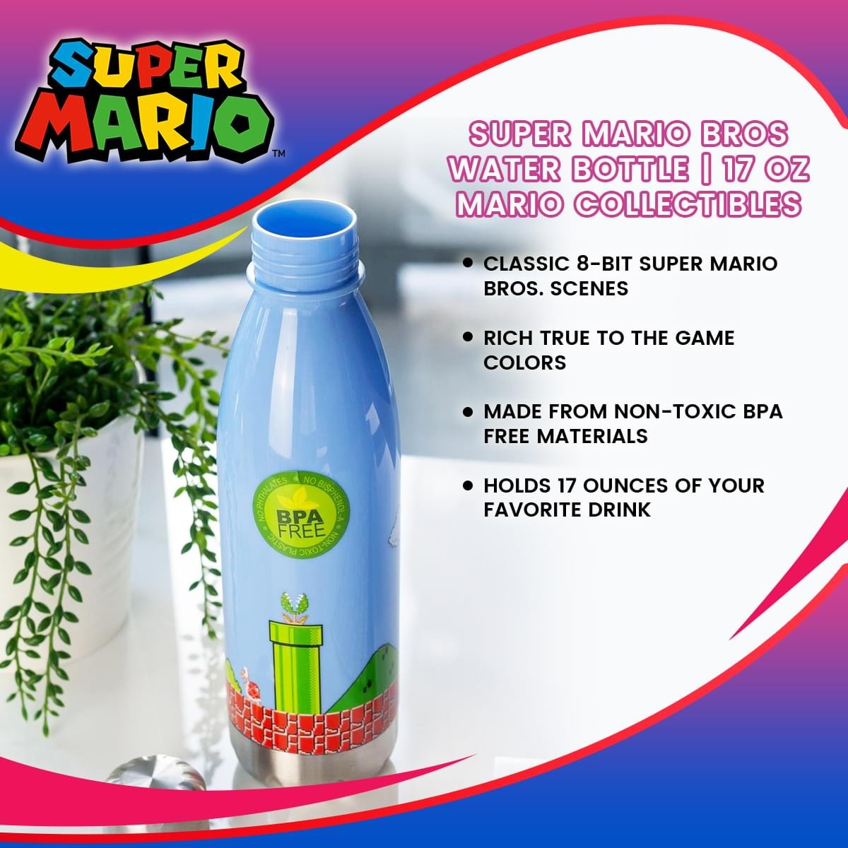Super Mario Bros Water Bottle | 17 oz | Mario Collectibles