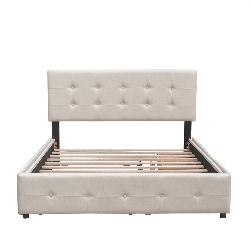 Queen Size Bed Frame Upholstered Platform Bed with Pull-Out Trundle & 2 Drawer
