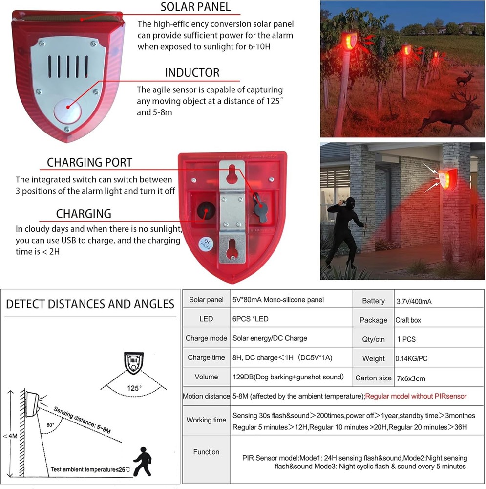 6Pack Solar Alarm LED Light Strobe Wireless Motion Sensor Detector Warning Lamp