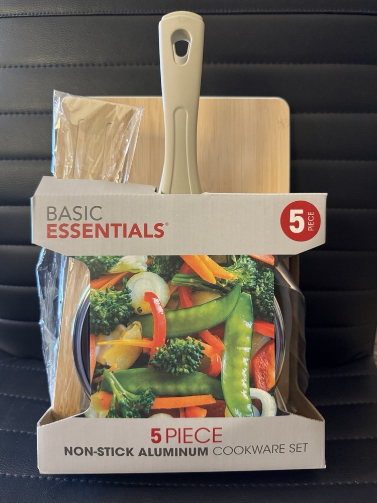 Basic Essentials 5 Pc. Non-Stick Aluminum Cookware Set Cool Touch Handles Cream