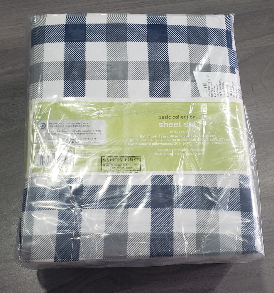 CIRCO BASIC COLLECTION SHEET SET 225 THREAD COUNT FULL, NAVY GINGHAM *NEW