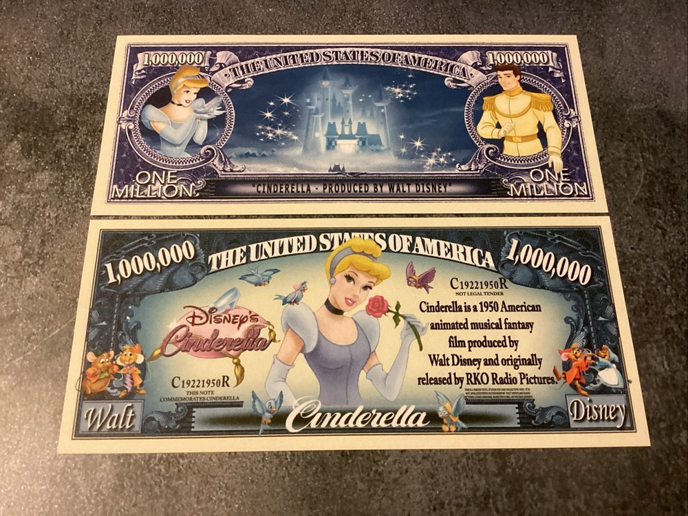 2 Disney Cinderella Novelty One Million Dollars Bills-Free Sleeves