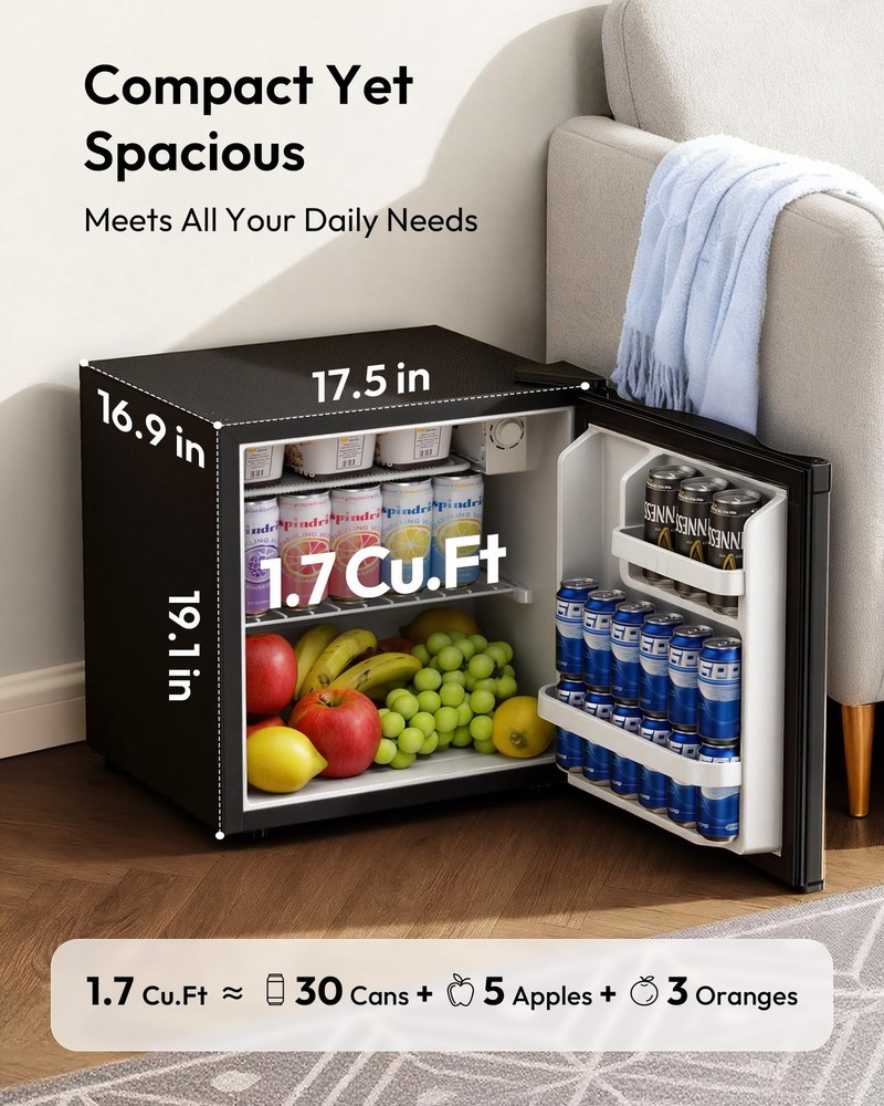 1.7 Cu.Ft Mini Fridge, Reversible Single Door Compact Refrigerator, Adjustabl...