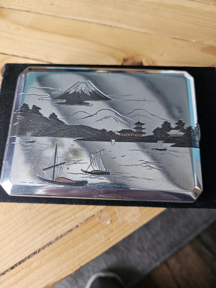 Beautiful 950 Solid Silver Japanese Niello Cigarette Case  Signed & 950 Silver