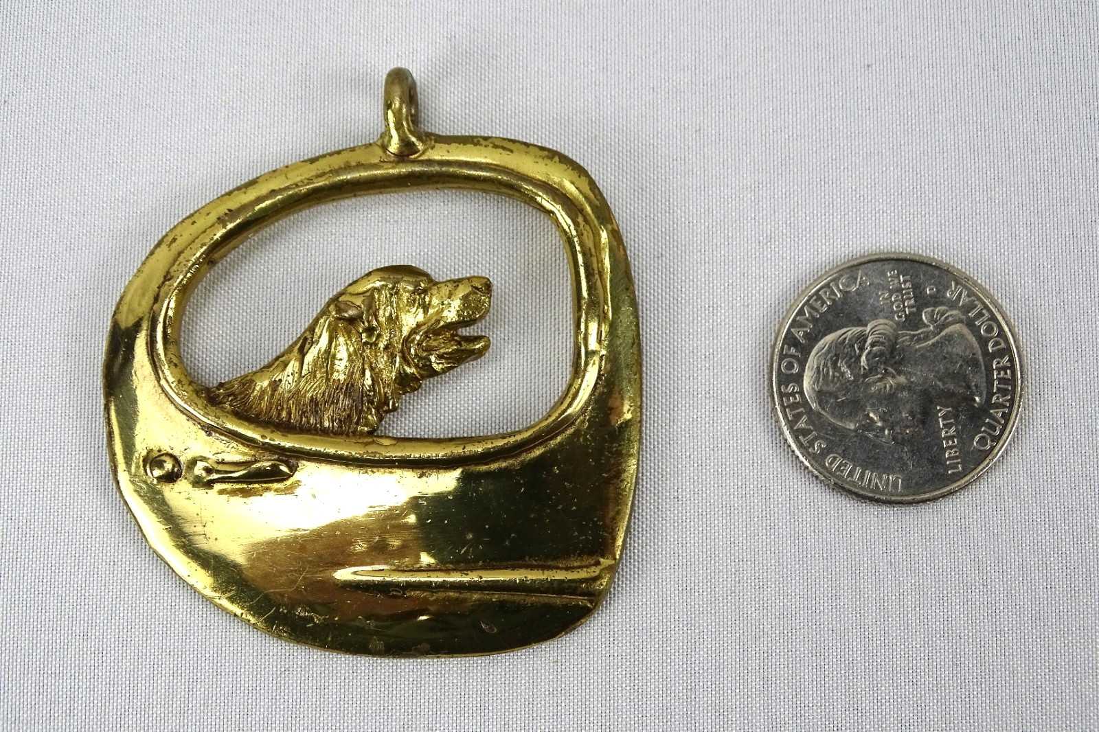 Vintage MCM Brass Pendant, Dog in Car Window, 2” x 2”