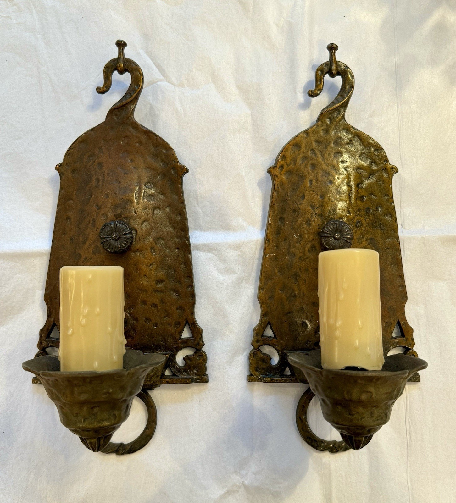 Antique Virden Dog Head Wall Sconces Arts Crafts Hammered Tudor