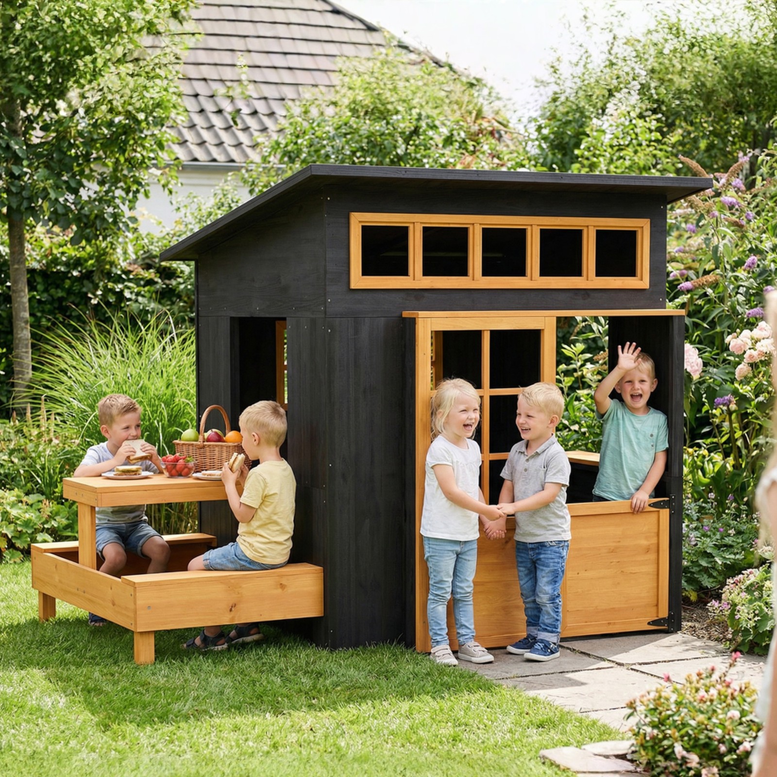 Qaba Kids Outdoor Playhouse, Wooden Kids Playhouse w/ Picnic Table