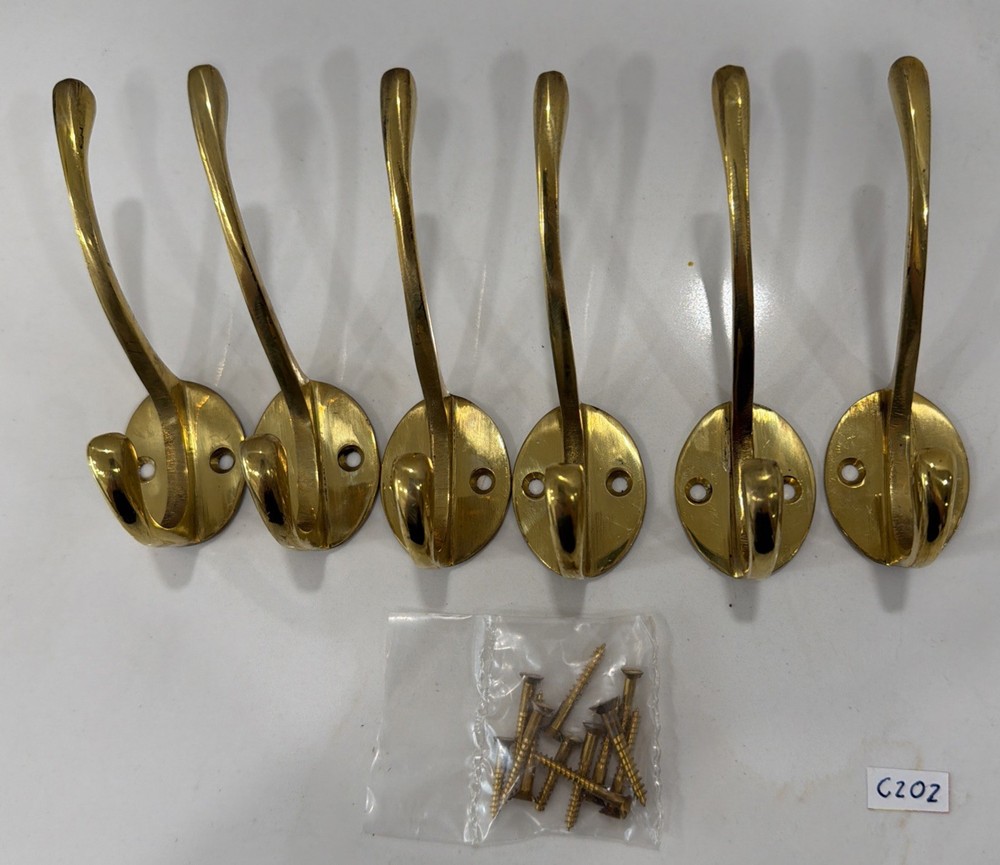 6 VTG 4”Solid Brass Wall Door Coat Kitchen Hook Rustic Old Style with 1”screws