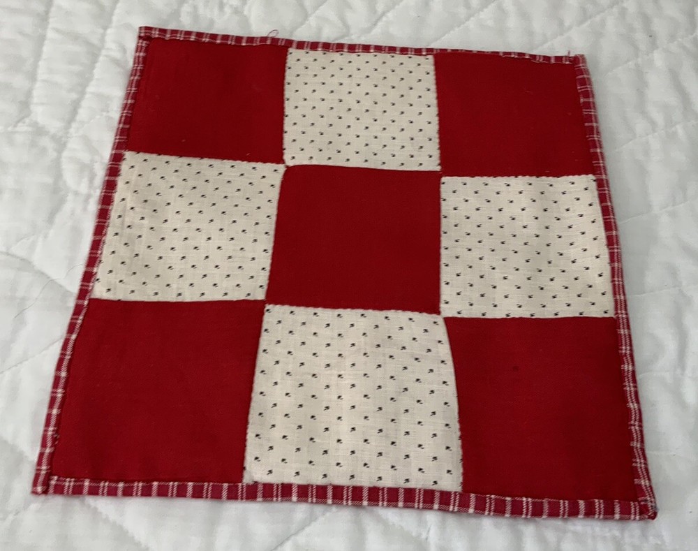 Vintage Antique Patchwork Table Topper, Nine Patch, Early Calicos, Red, White