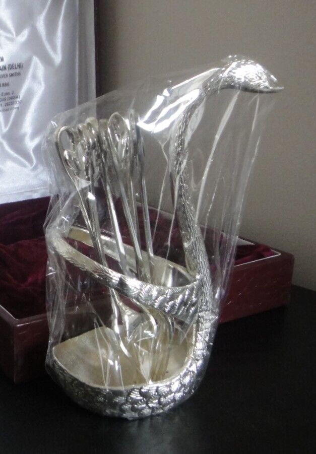🆕6-pc MINI FORKS SET Silver plated 2-prong Aperitives Flatware SWAN STAND -NEW
