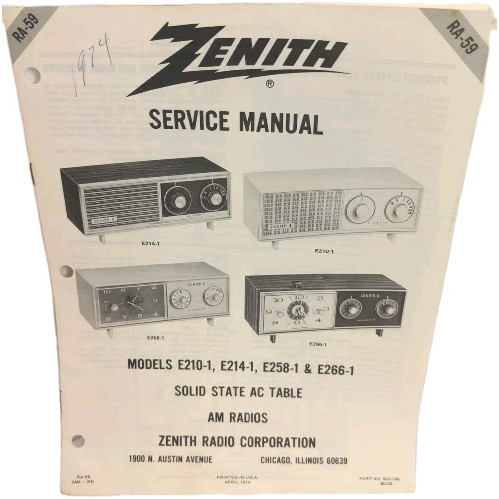 Zenith Service Manual RA-59 Am Radios Models E210-1,E214-1,E258-1 &E266-1