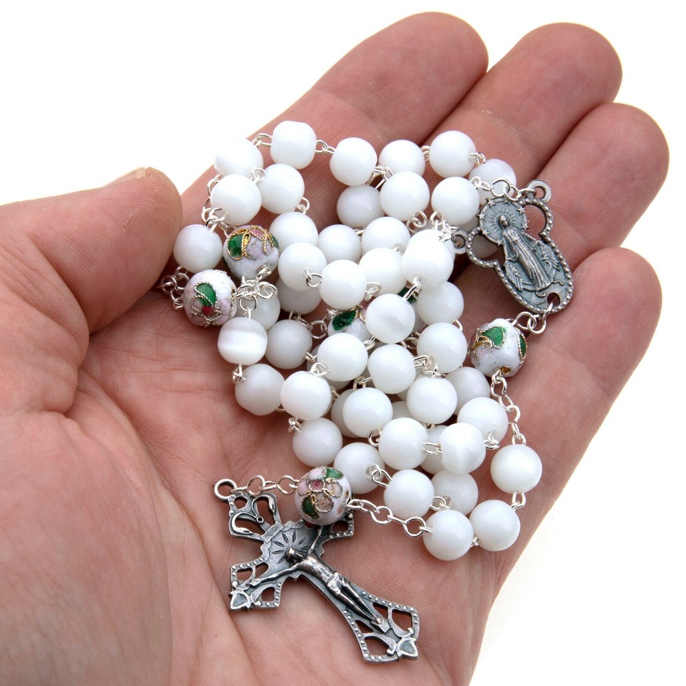 Miraculous Medal White Glass Cloisonne Catholic Rosary Beads 7mm Women Italy