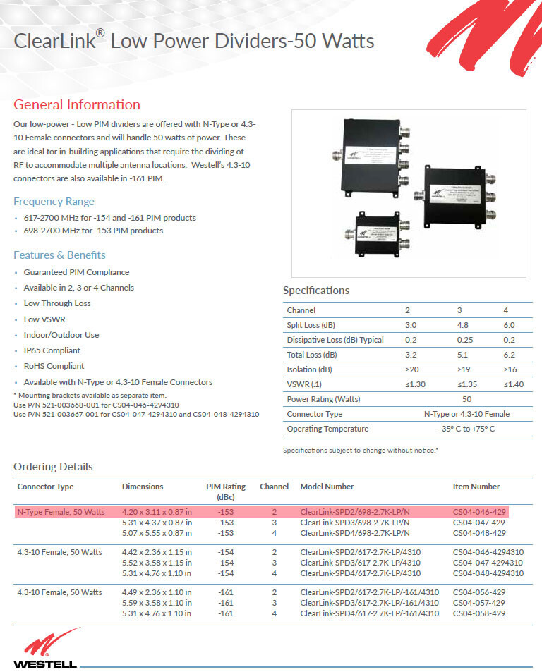Westell New CS04-046-429 2-Way Power Divider, 50W, -153 PIM, 698-2700MHz, N/F